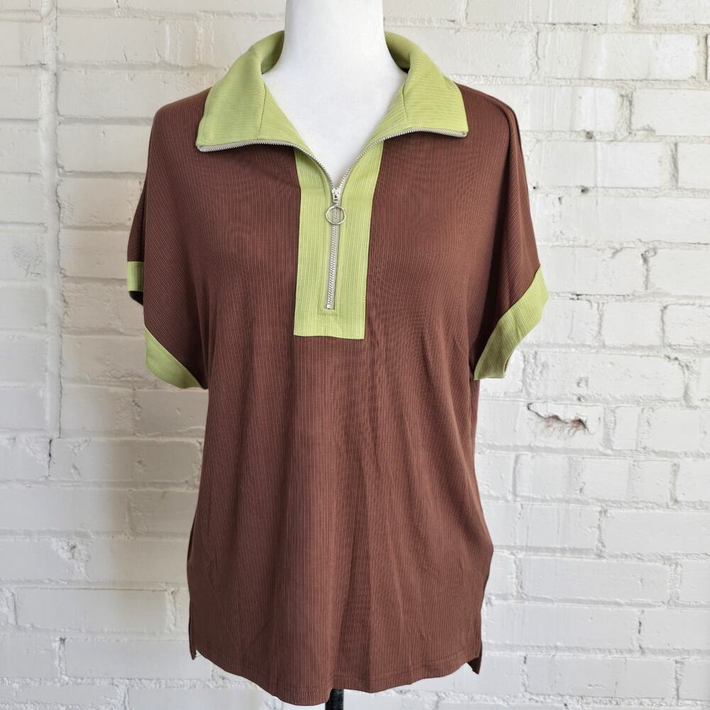 Retro Vibe Chocolate Brown & Olive Green Color Blocked Ribbed Polo Zip Collar